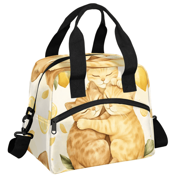 Herdesigns Cute Cats Lunch Bag for Men Women Adults Fruit Lemons Insulated Lunch Box Leakproof Cooler Tote Bag Organizer with Adjustable Shoulder Strap