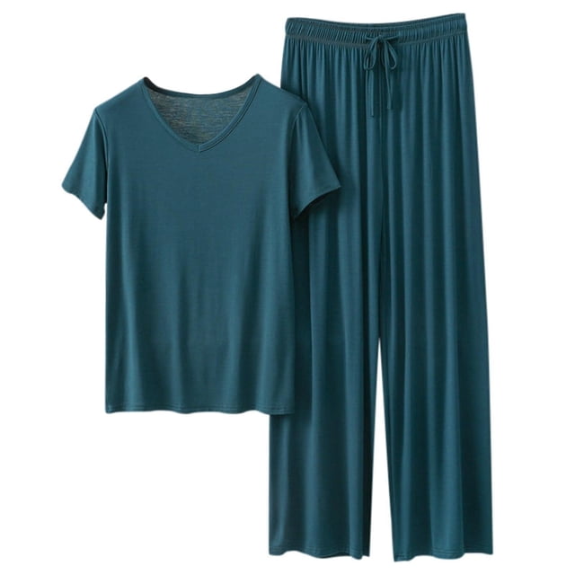 Hontri Ensembles de Pyjama à Manches Longues pour Femmes - Vêtements de Nuit Douillets d'Automne (Grande Taille, Deux Pièces à Col Rond) Vert TG