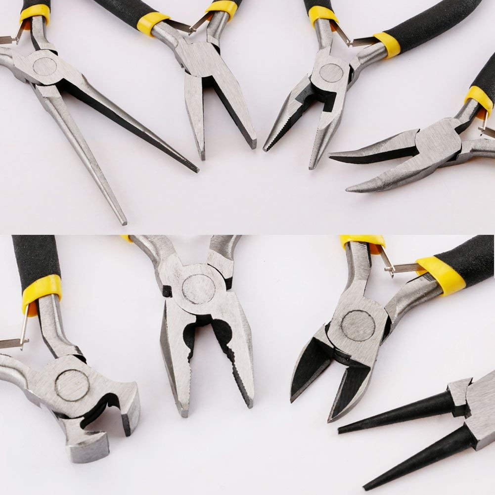 8PCs Mini Pliers Set, Long Nose with Teeth, Flat Jaw, Round Curve Needle Diagonal Wire End Cutting Cutter Linesman Plier Black Grips & Protective Pouch