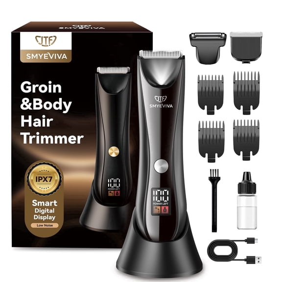 Smyeviva Electric Body Trimmer for Men Groin Hair Trimmer IPX7 Dual-Head Razor with LCD Display Ceramic Blade Ball Shaver Clipper Body Grooming Kit