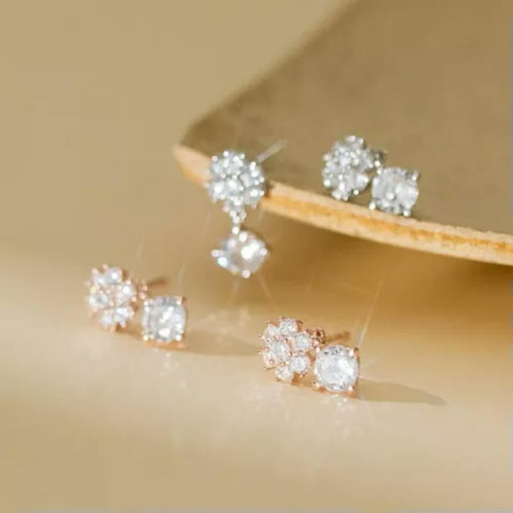 EOEMY 925 Sterling Silver Zircon Flower Dangle Drop Stud Earrings Women Jewelry-Rose Gold