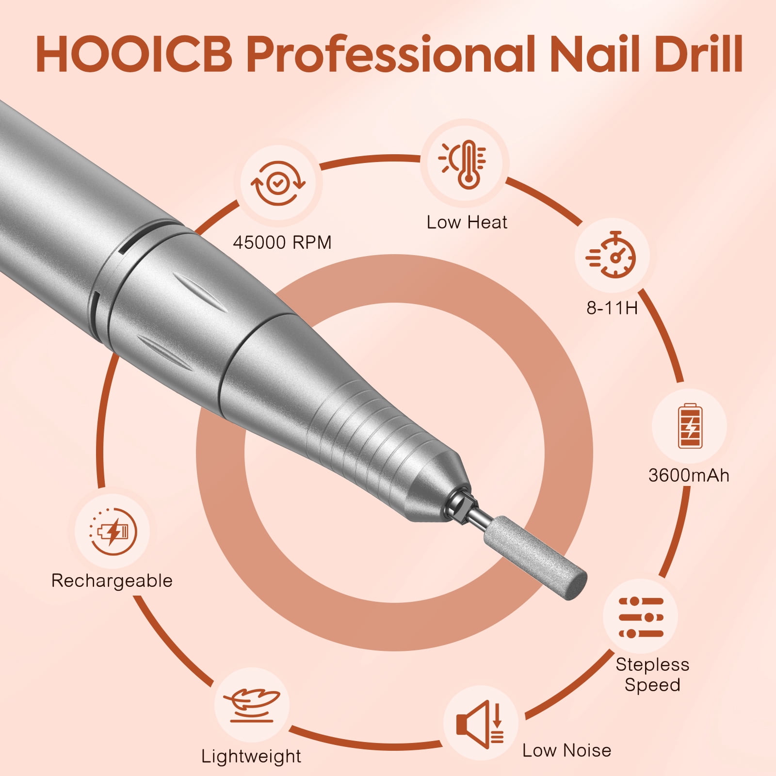 HOOICB Nail Drill, 45000rpm Professional Drills for Acrylic Nails, Portable Electric File Manicure Tools, Cordless Rechargeable Efile Kit