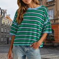 thumbnail image 2 of Wang6 Womens Loose Fit Graphic T Shirts Trendy Summer Short Sleeve Drop Shoulders Tops Ladies Causal Striped Printed Tees Shirts 0624liGreen M, 2 of 4