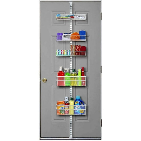 Carbon Steel Pantry Organizer Heavy Duty Hanging Over the Door Storage Rack, 5 Wire Baskets, Kitchen Closet Organization - White 240077E