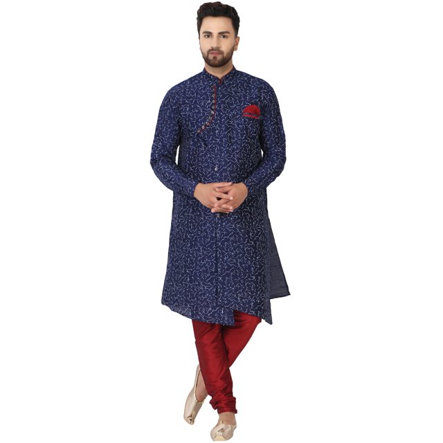 SKAVIJ Kurta Pajama Set for Men Traditional Wedding Party Dress Blue M