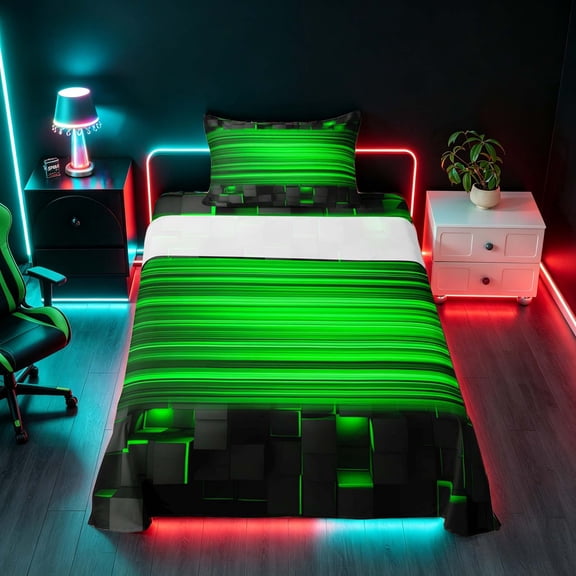 Manfei 3D Cube Neon Light Twin Sheets, Green Gradient Stripe Bedding, Green Black, Black Reversible 3 Pieces1 Flat Sheet 1 Fitted Sheet 1 Pillowcase
