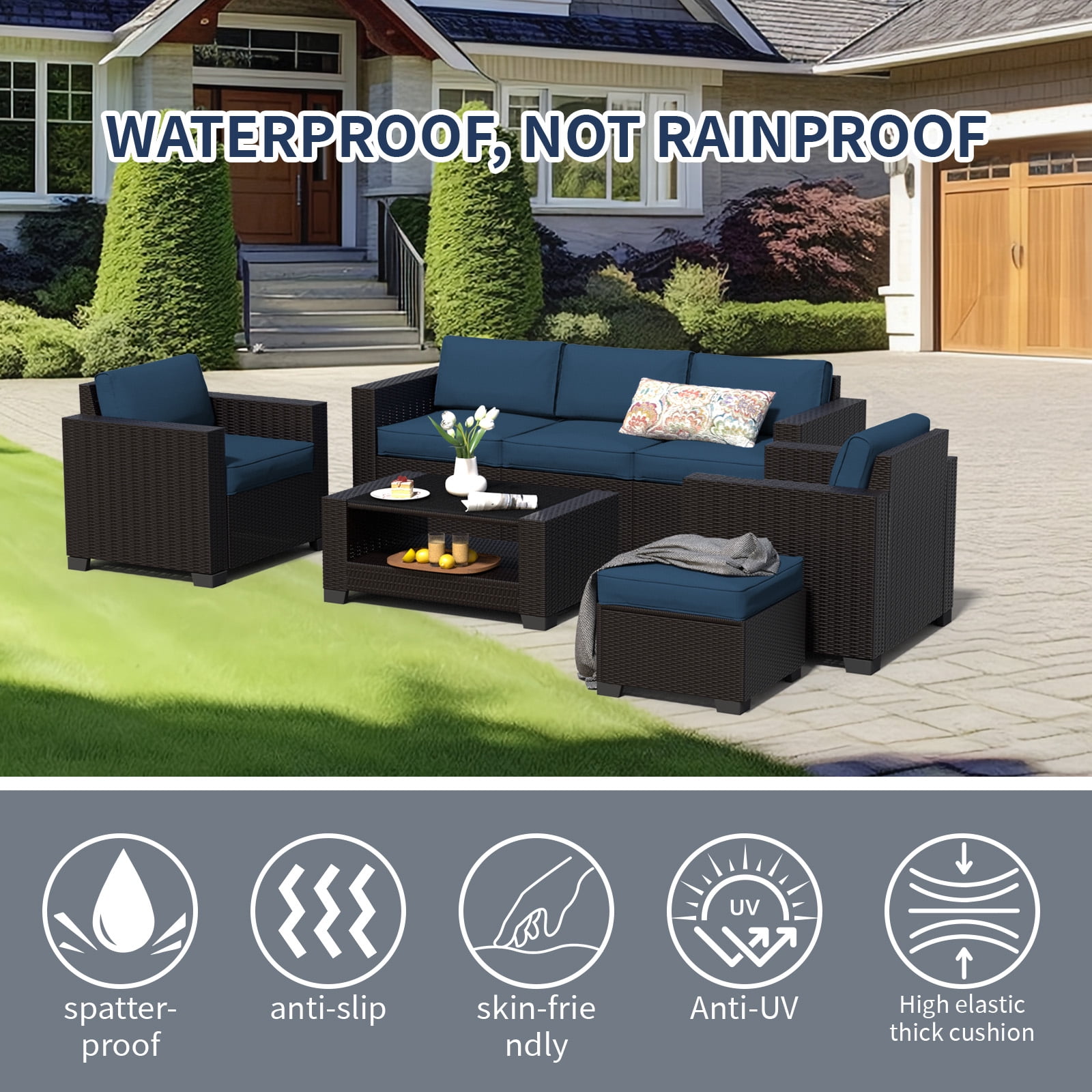 SHGJ&SOFT 7 Piece Patio Furniture Set, Wicker Outdoor Sectional Sofa with Washable Cushion Covers and Tempered Glass Table, Rattan Conversation Set for Poolside