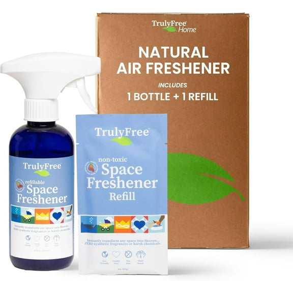 Truly Free Space Freshener Starter Kit, Lemongrass Essential Oil - Car and Air Fresheners for Home, Natural Odor Eliminator Room Spray, 16oz Spray Bottle, 1 Refill (3.4oz) No Synthetic Fragrances