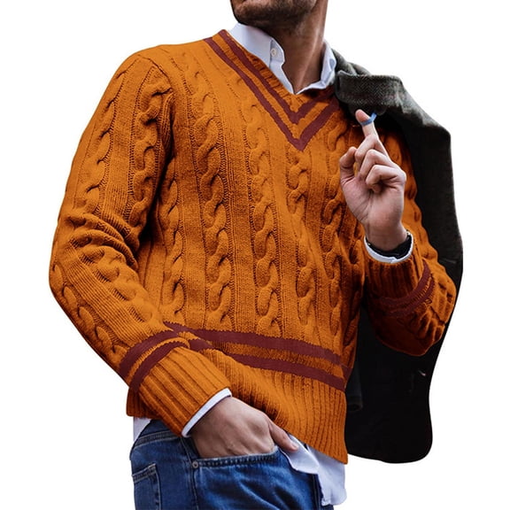 Men's Cable Knit V-Neck Sweater Long Sleeve Pullover Casual Classic Fit Knit Top
