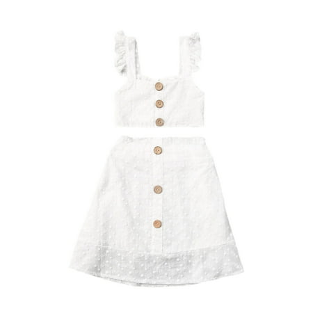 

ZIYIXIN Toddler Baby Girls Outfits Sleeveless Lace-up Ruffled Vest Tops + Button High Waist A-line Skirt Summer Clothes White 4-5 Years