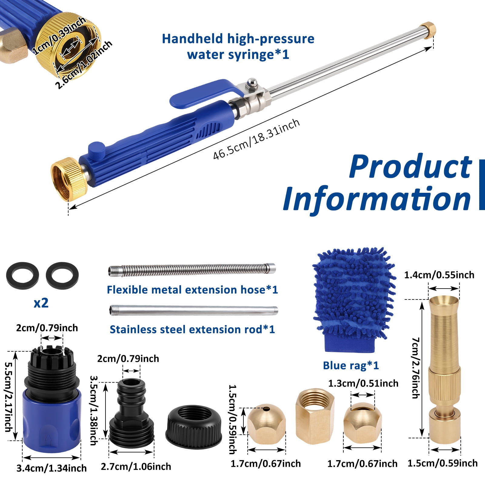 Jet Nozzle High Pressure Hose Nozzle with Extension with Extension Pole 3 Different Nozzles Quick Connectors for Car Washing Gutter Cleaning Watering 18.3 Inch
