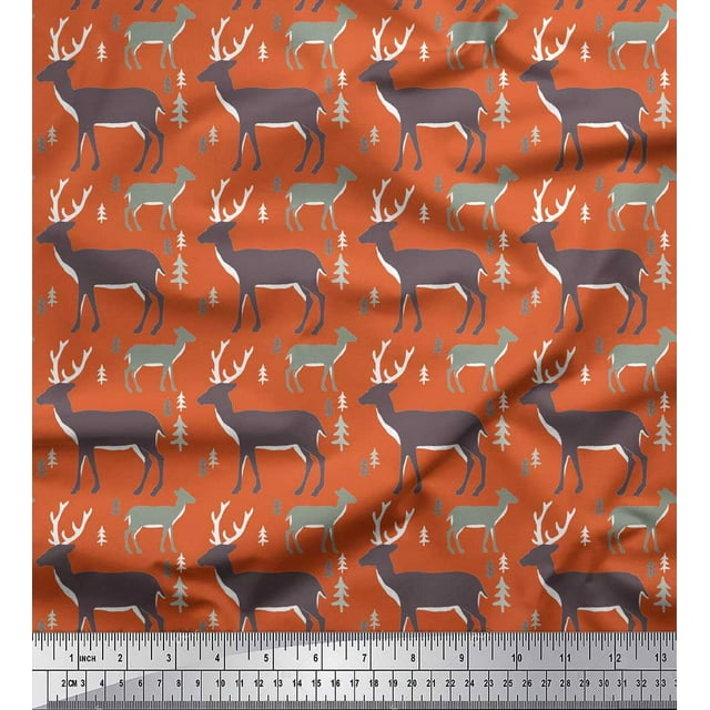 Soimoi Orange Modal Satin Fabric Deer Animal Print Sewing Fabric Yard 42 Inch Wide