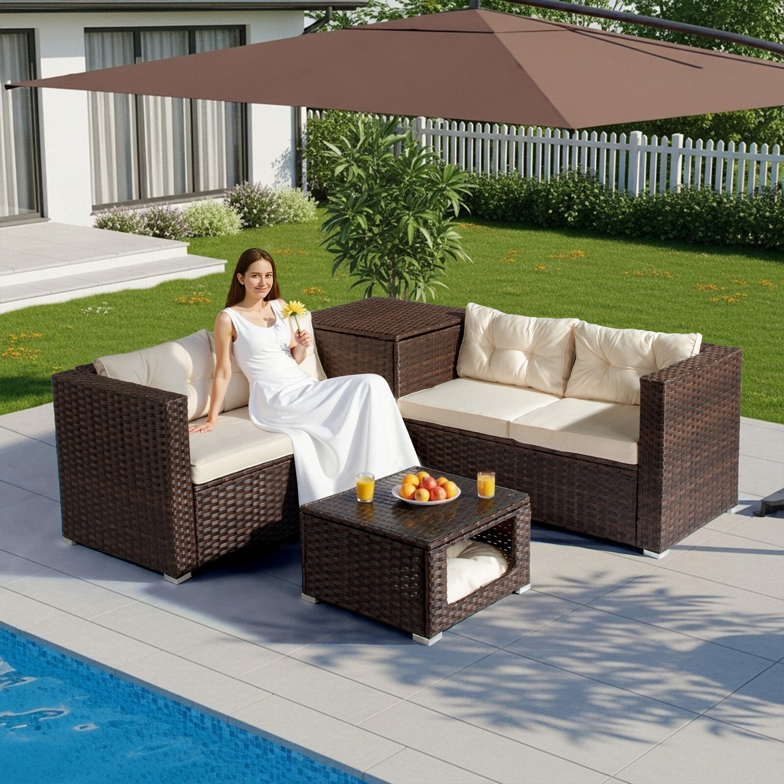Ktaxon 4 Pieces Modular Patio Sectional with Storage Box & Pet Table, All-Weather PE Wicker, Brown Frame Peacock off-white Cushions