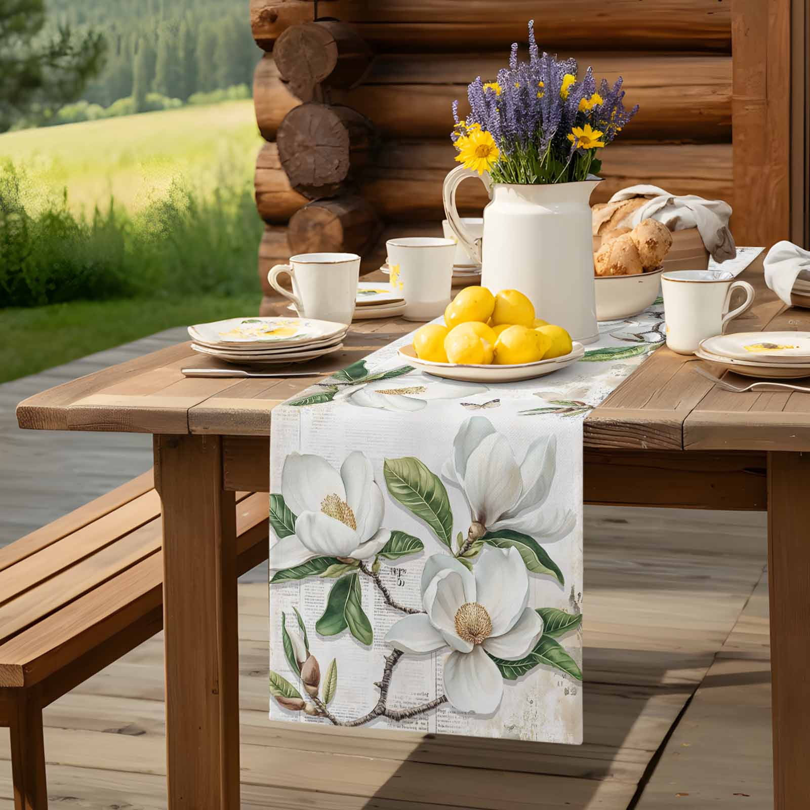 Retro Magnolia on Newspaper Table Runner 90 Inches Long, Butterfly White Floral Green Leaf Table Runners Tabletop Scarf Kitchen Dining Tables Decoration for Home Party Indoor Outdoor
