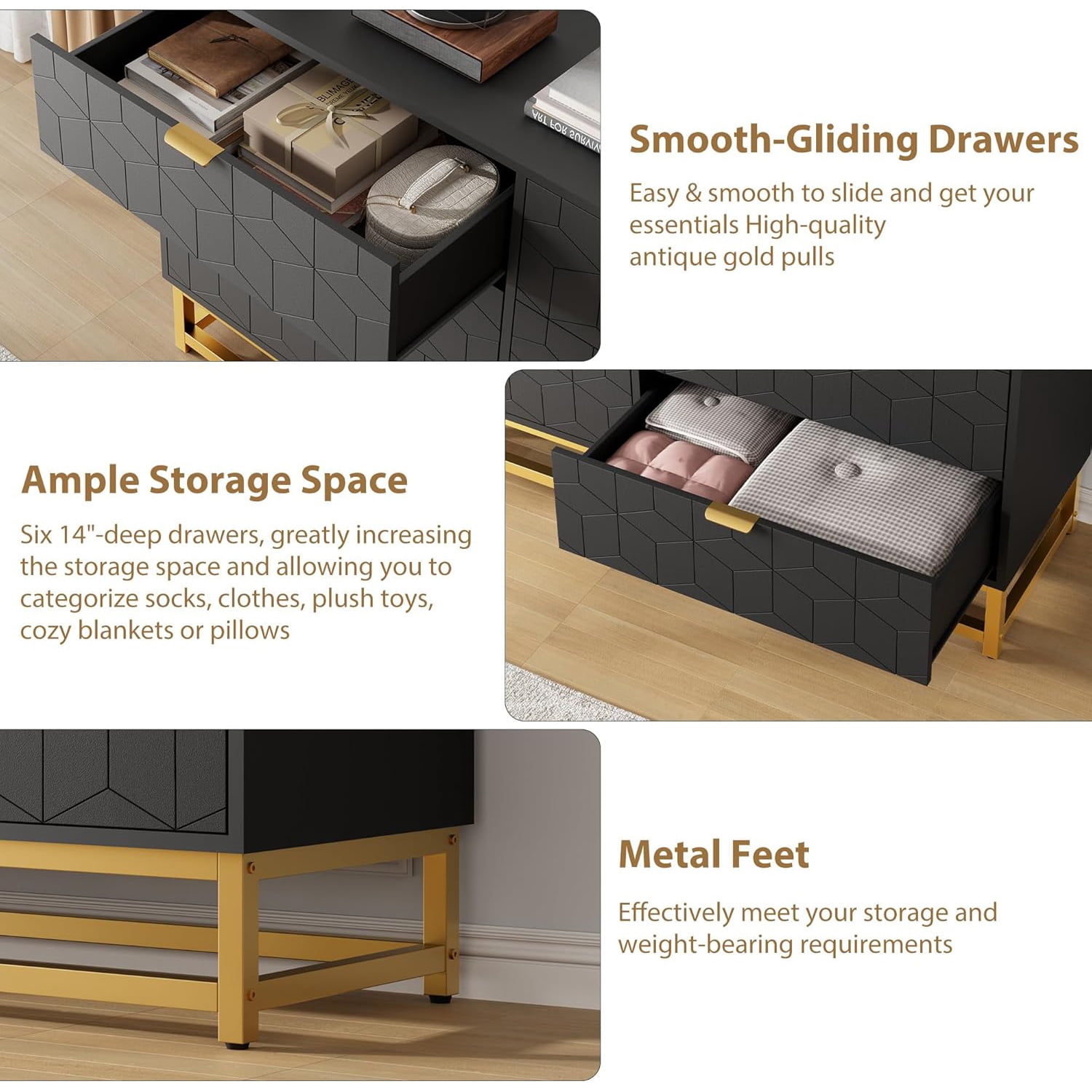 Modern 6-Drawer Dresser with Gold Metal Legs, Black Stylish Storage Chest for Bedroom, Closet or Living Room