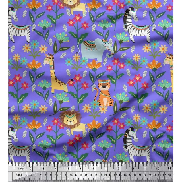 Soimoi Polyester Crepe Fabric Leaves,Floral & Cute Animals Cartoon Print Sewing Fabric Yard 42 Inch Wide