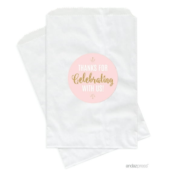 Signature Blush Pink, White, Gold Glittering Party Collection, Favor Bags, 24-Pack