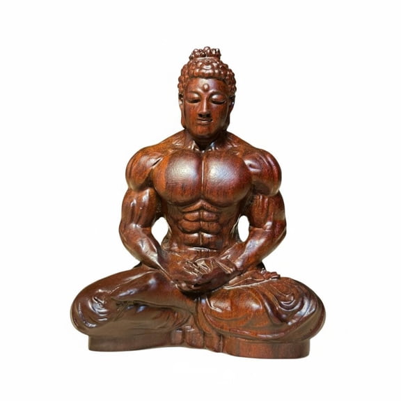 MERIGLARE Buddha Statue Wooden Collectible Figurine Desktop Ornament Carved Muscular Meditation Pose Polished Artistic Sculpture Suitable for Office Desk Living Room Shelf Car Interior Home