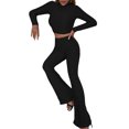 thumbnail image 3 of VISgogo, traje de 2 uds con pantalones para mujer, Tops cortos de cuello alto de manga larga de Color liso, pantalones acampanados largos de tiro alto, ropa de primavera/otoño para mujer VISgogo  moda, 3 of 9