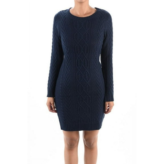 Yemak Women's Long Sleeve Knitted Feminine Cable Knit Sweater Dress Navy-M-BD