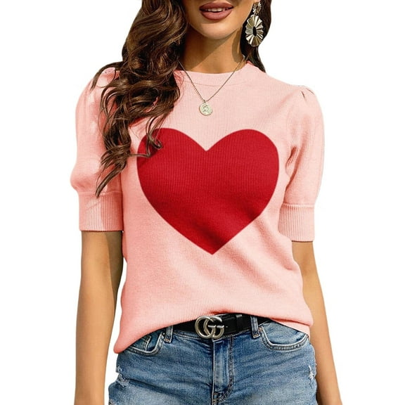 Womens Puff Short Sleeve Sweater Casual Summer Crew Neck Pullover Tops Ribbed Knit Sweater Blouse Pink S