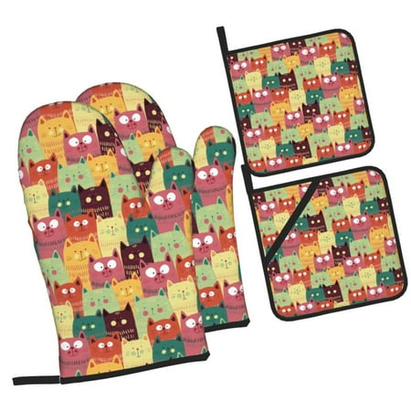 

Daiia Cute Cartoon Cat Pattern Oven Mitts and Pot Holders 4 pcs Set High Heat Resistant 500 Degree Extra Thicken Long Kitchen Cotton Oven Glove