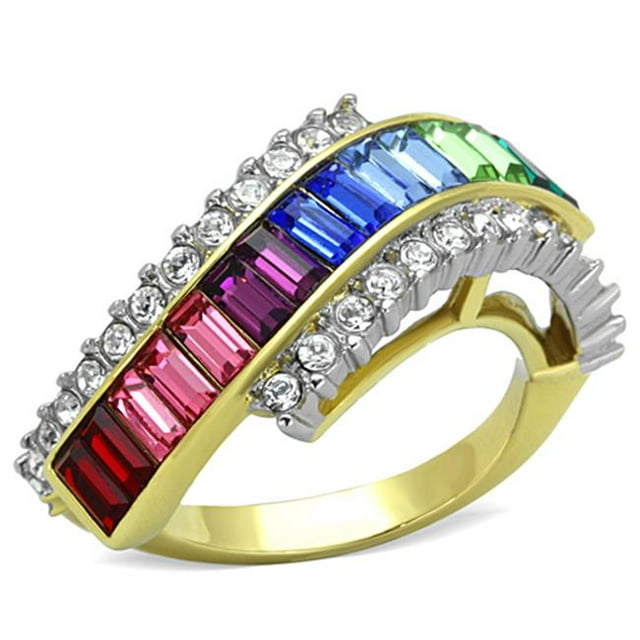 Women Two-Tone IP Gold Stainless Steel Ring with Top Grade Crystal in Multi Color - Size 6