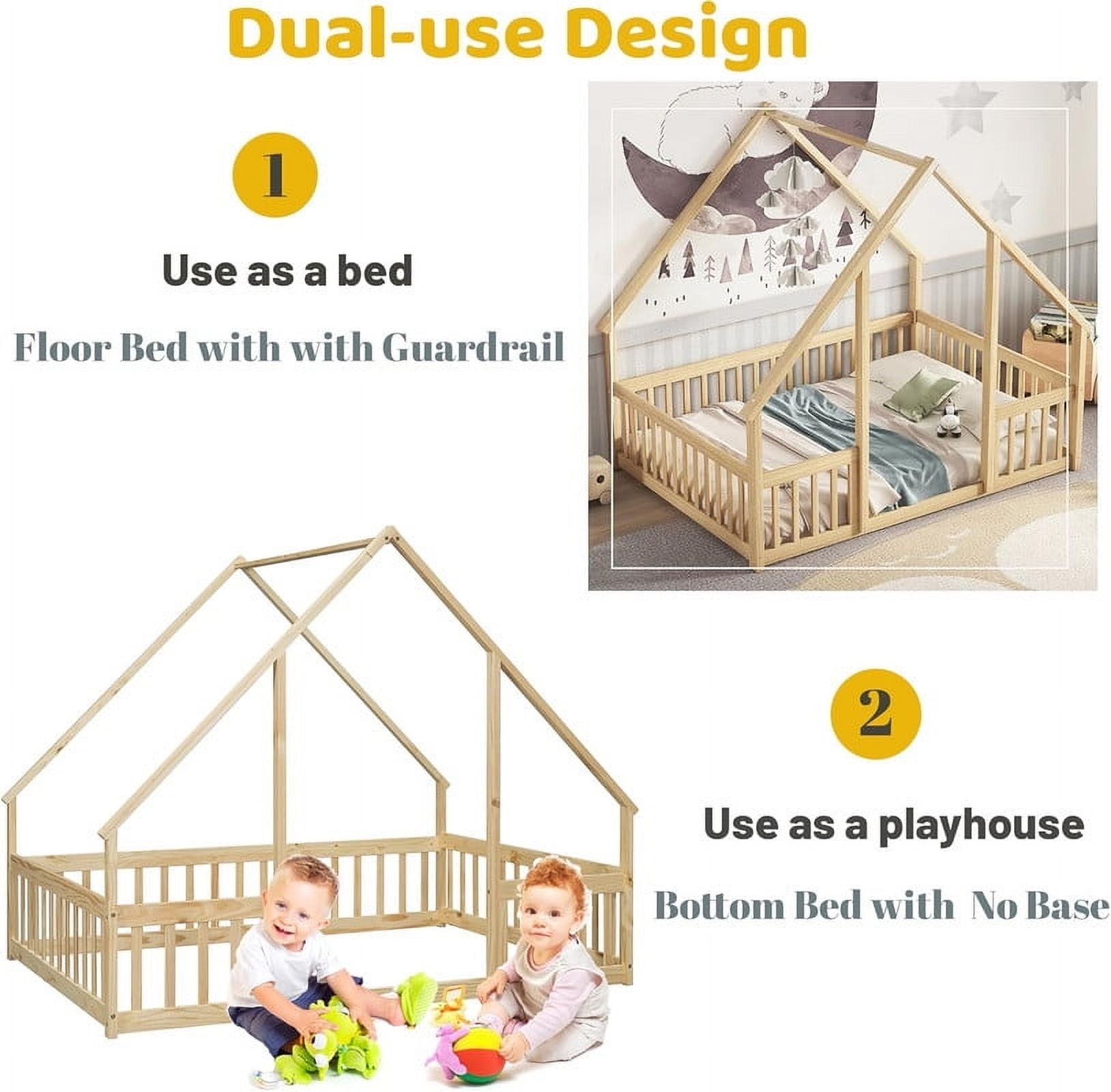 Duxelifin Twin Size House Floor Bed Frame with Triangular Roof and Fence Rails, Wooden Floor Bed Frame Girls,Boys, Montessori Floor Bed, Easy Assembly (Natural)