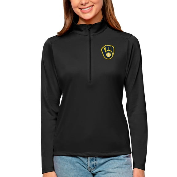 Women's Antigua Black Milwaukee Brewers Tribute Quarter-Zip Pullover Top