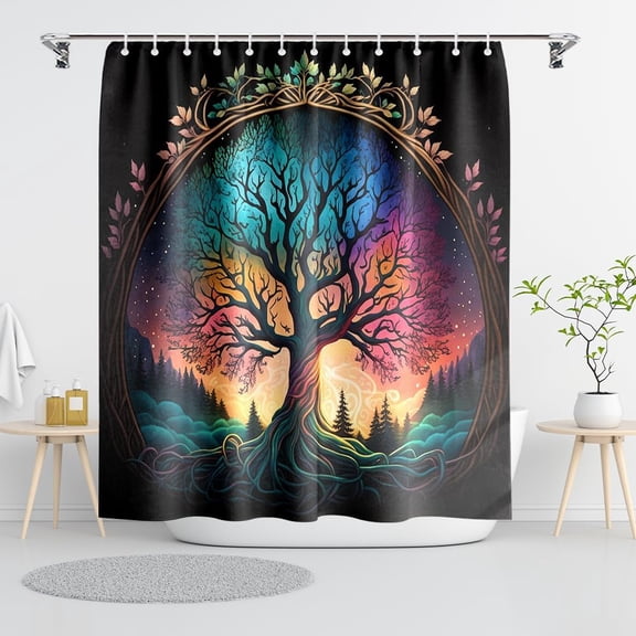 Black Shower Curtain Tree of Life Celestial Neon Bright Fabric Vintage Colorful Timbo on Branches Plants Fantasy Art Bath Curtain Shabby Bathroom Curtain for Women''s Bathtub Decor 72" x 72"