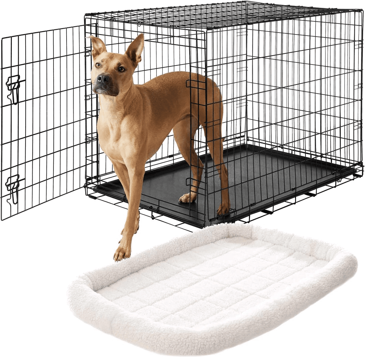 LJH 42in Fold & Carry Single Door Collapsible Wire Dog Crate + Quilted Crate Mat, Ivory