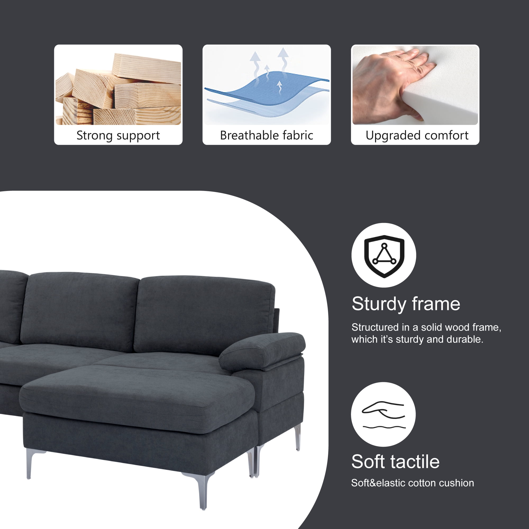 Oversized U-Shaped Sectional Sofa Couch,Convertible Modular Sofa,Upholstered Sleeper Sofa Couches with Reversible Chaise Lounge and Movable Ottomans for Living Room,Dark gray