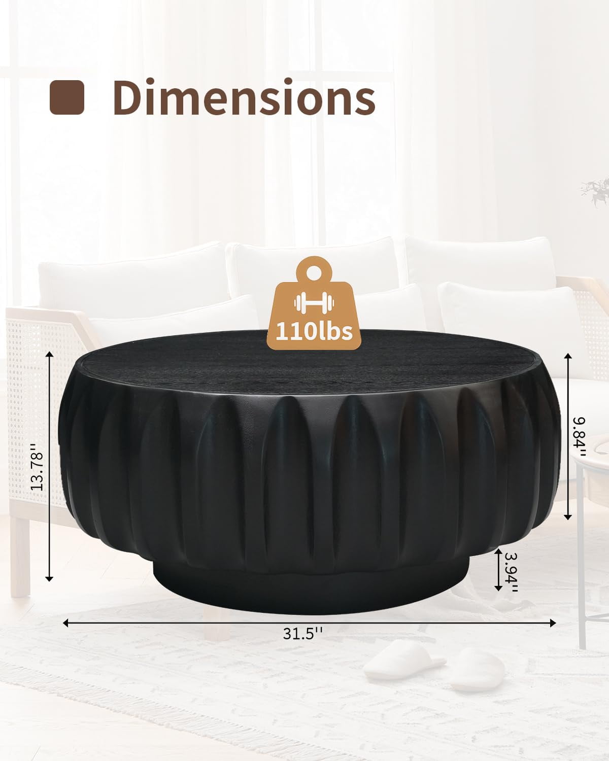 31.5" Round Drum Coffee Table, Fluted Design with Black Solid Wood Veneer for Contemporary Living Room