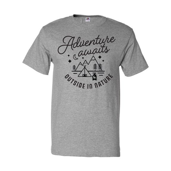 Inktastic Adventure Awaits Outside in Nature with Tent and Mountains T-Shirt