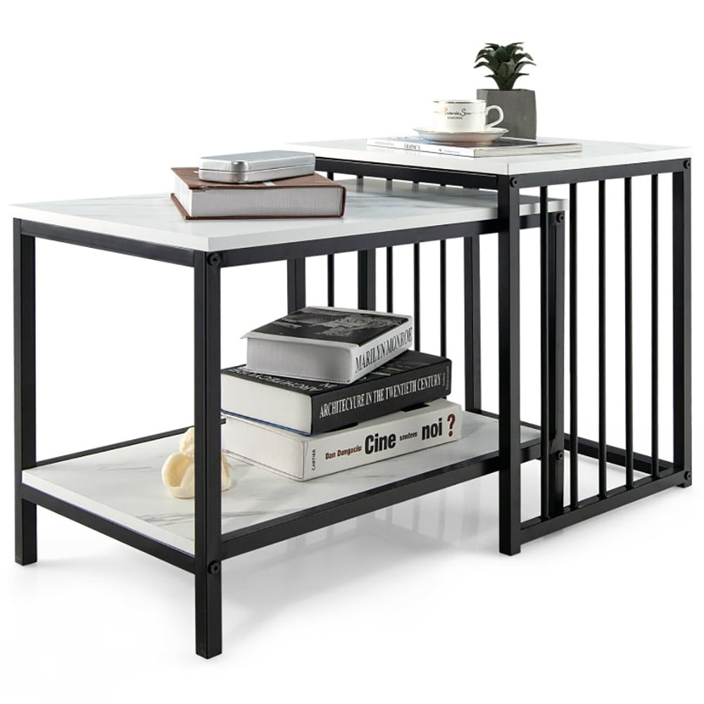 Finihen Rectangular Nesting Coffee Table, Modern Nesting Side Set, Set of 2 Nesting End Tables with Storage Shelf, for Living Room, Bedroom, Reception Room, White Finihen Rectangular Nesting Coffee Table, Modern Nesting Side Set, Set of 2 Nesting End Tables with Storage Shelf, for Living Room, Bedroom, Reception Room, White