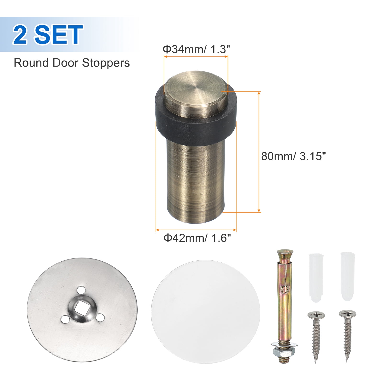 2Set Round Door Stoppers, 80mm Stainless Steel Door Stop Doorstop Wedge Metal Cylinder Self Adhesive with Screw for Bottom of Door Floor Inside, Bronze