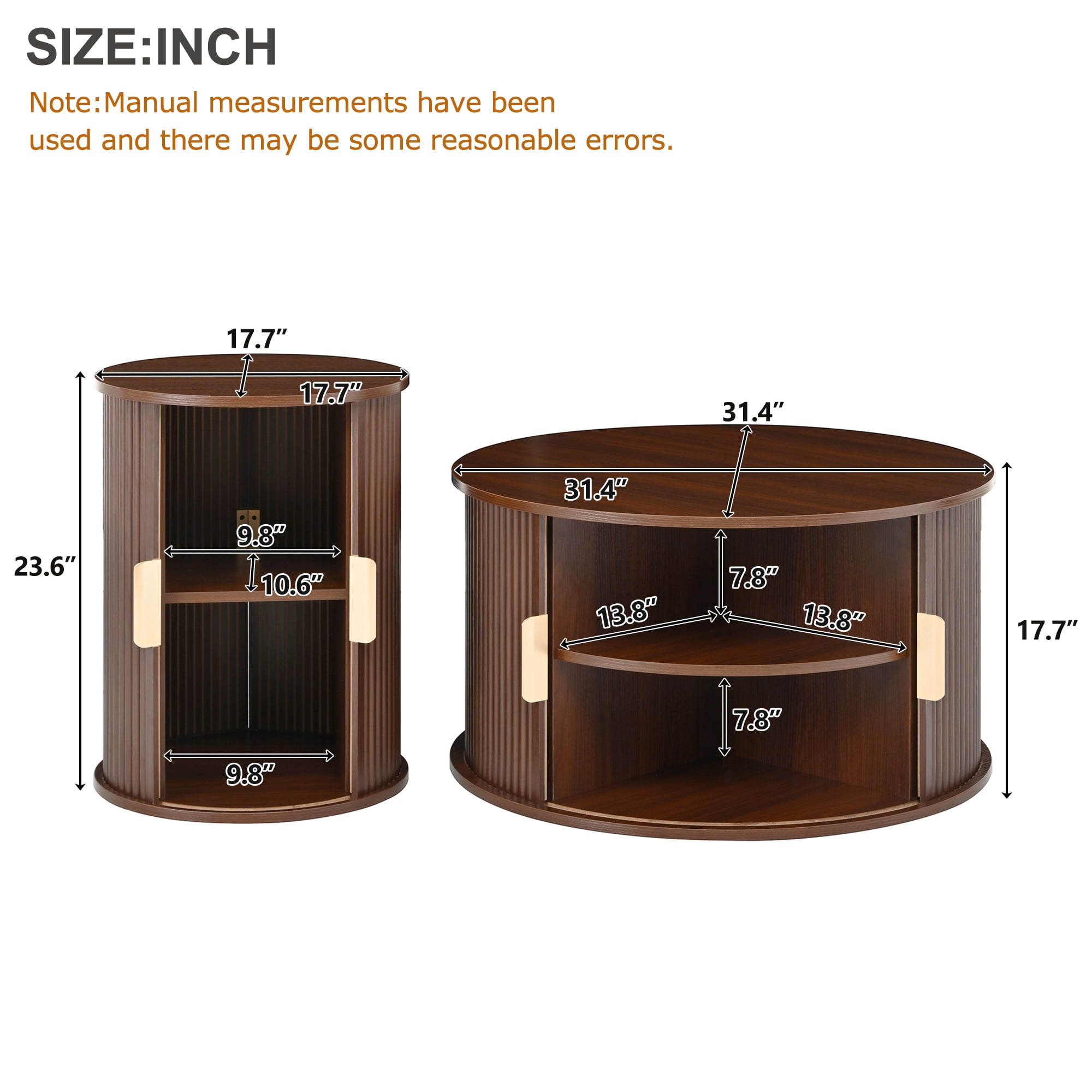 Euroco Mid-Century Coffee Table Set with Sliding Tambour Door, Round Fluted End Table With Storage, Golden Handle Tall & Low Side Table with Wooden Finish for Living Room, Set of Two