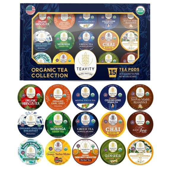 Teavity Organic Tea Pods Variety pack for Keurig K-Cup Brewers - Caffeinated and Decaf, 15 Tea Pods