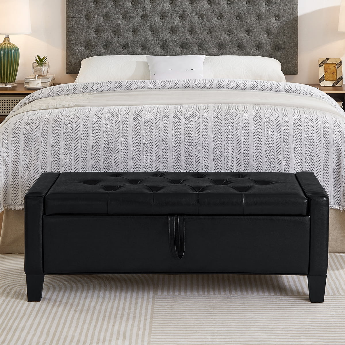 Dtwnek Modern Storage Ottoman with Wood Frame, PU Upholstered Storage Bench for Bedroom, Living Room, Black