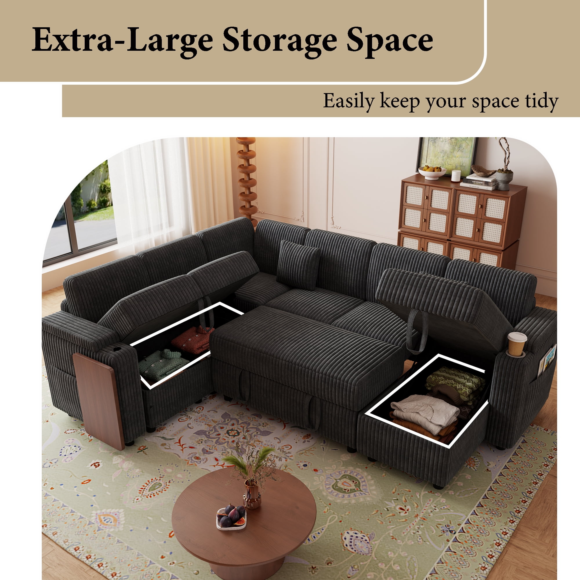 Howcool 100" Oversized Sleeper Sectional Sofa with Pull-Out Bed,U-Shape Corduroy Modular Sofa Couch with USB Ports & Storage,Dark Gray