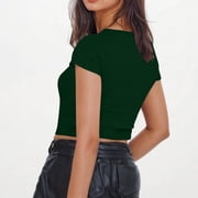 HWRETIE Cropped Ribbed Tank Top with Round Neck - Women Crop Cute Trendy Basic Tight Rounk Neck Crop Blouse Short Sleeve Crop Womens Casual Tops