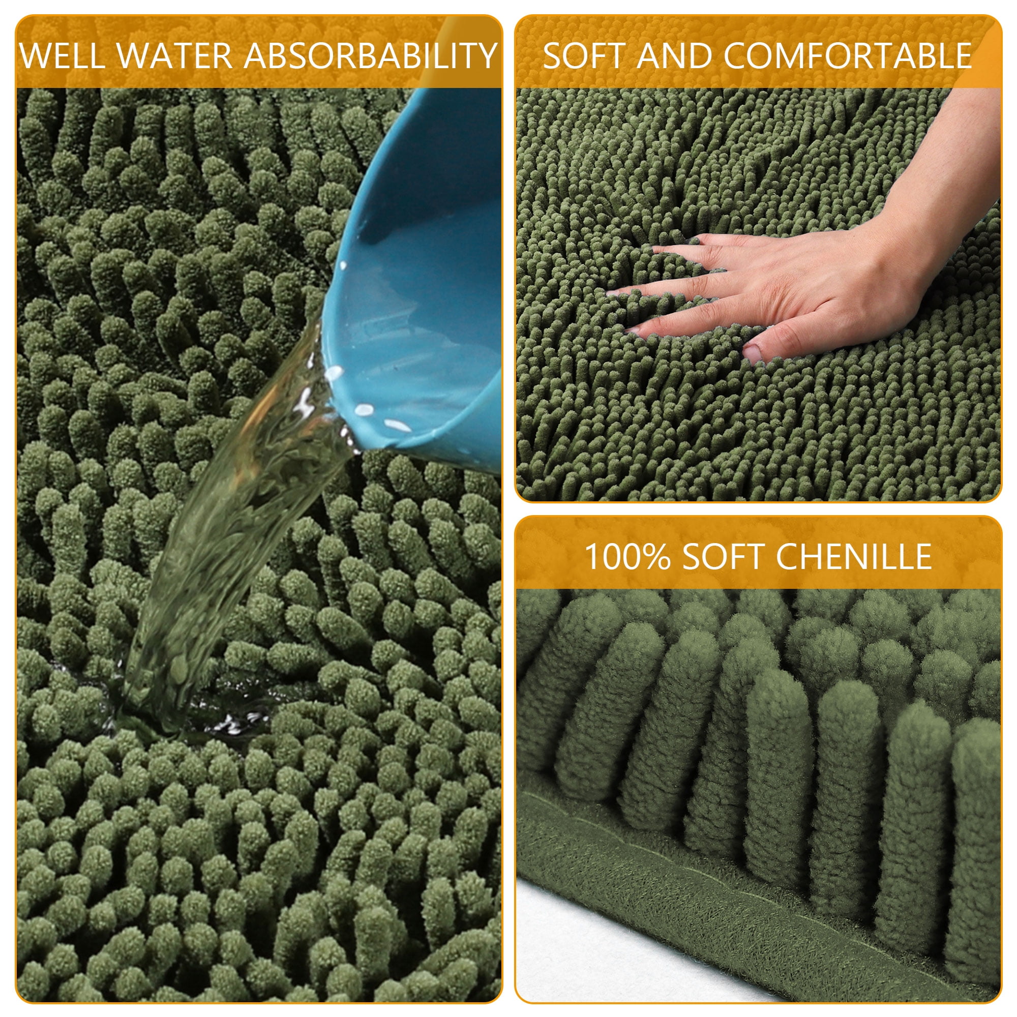 Hengbo 3 Pcs Chenille Bathroom Rug Sets Shaggy Bathroom Mat Set Carpet Extra Thick Soft Absorbent Bathroom Rugs Soft Non Slip Machine Wash Olive Green
