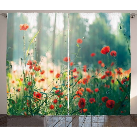 Curtains Bedding Nature Curtains 2 Panels Set, Wild Red Poppy Flowers Field Summertime Sunbeams Gardening Bedding Plants, Window Drapes for Living Room Bedroom, 108W X 63L Inches, Red Green Yellow, by Ambesonne ()