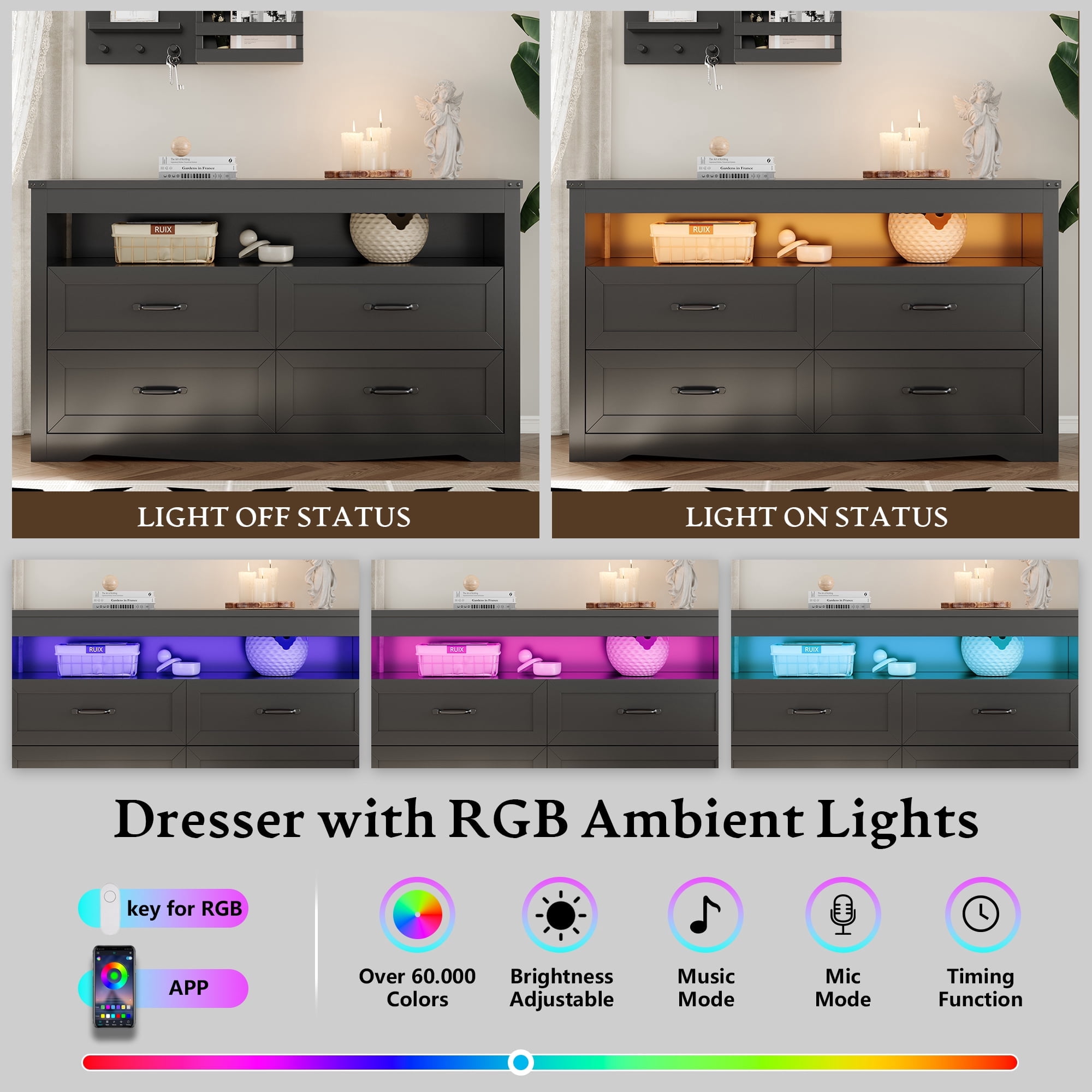FANRAL 4 Drawers Dresser & Open Shelf for Bedroom,Modern Wooden Chest of Drawers with LED Light,Storage Organizer Dresser for Closet,Black Dresser