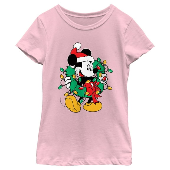 Girl's Mickey & Friends Christmas Wreath Mickey Mouse Graphic Tee Light Pink Medium
