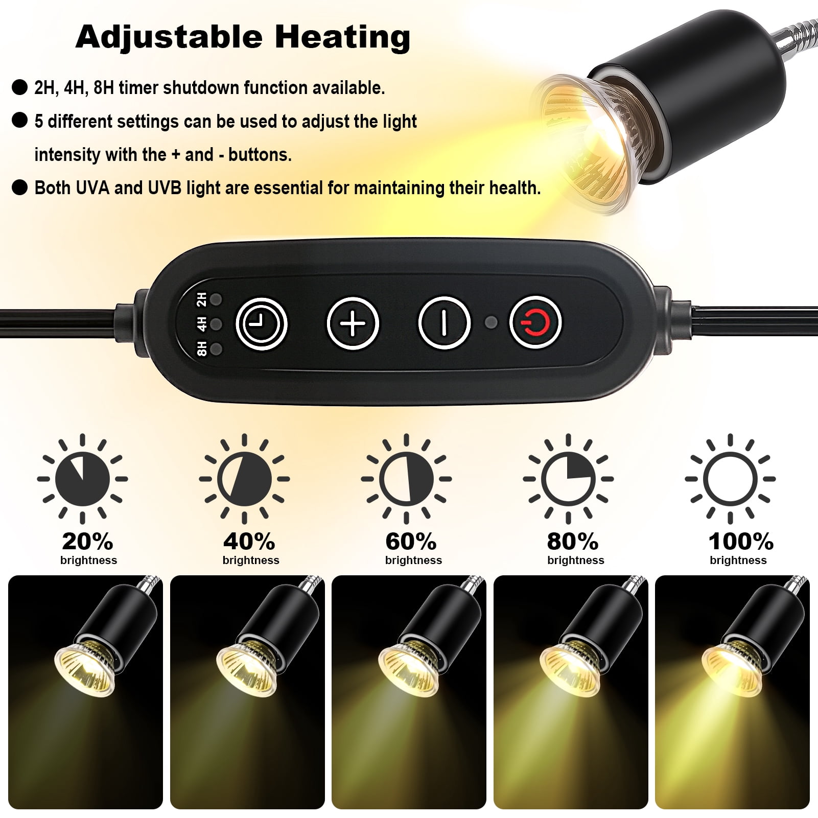 Reptile Heat Lamp with Clamp, UVA UVB Turtle Basking Light, Timer & Dimming, 360° Rotatable for Bearded Dragon/Lizard/Snake/Amphibians, 2 Bulbs 50W