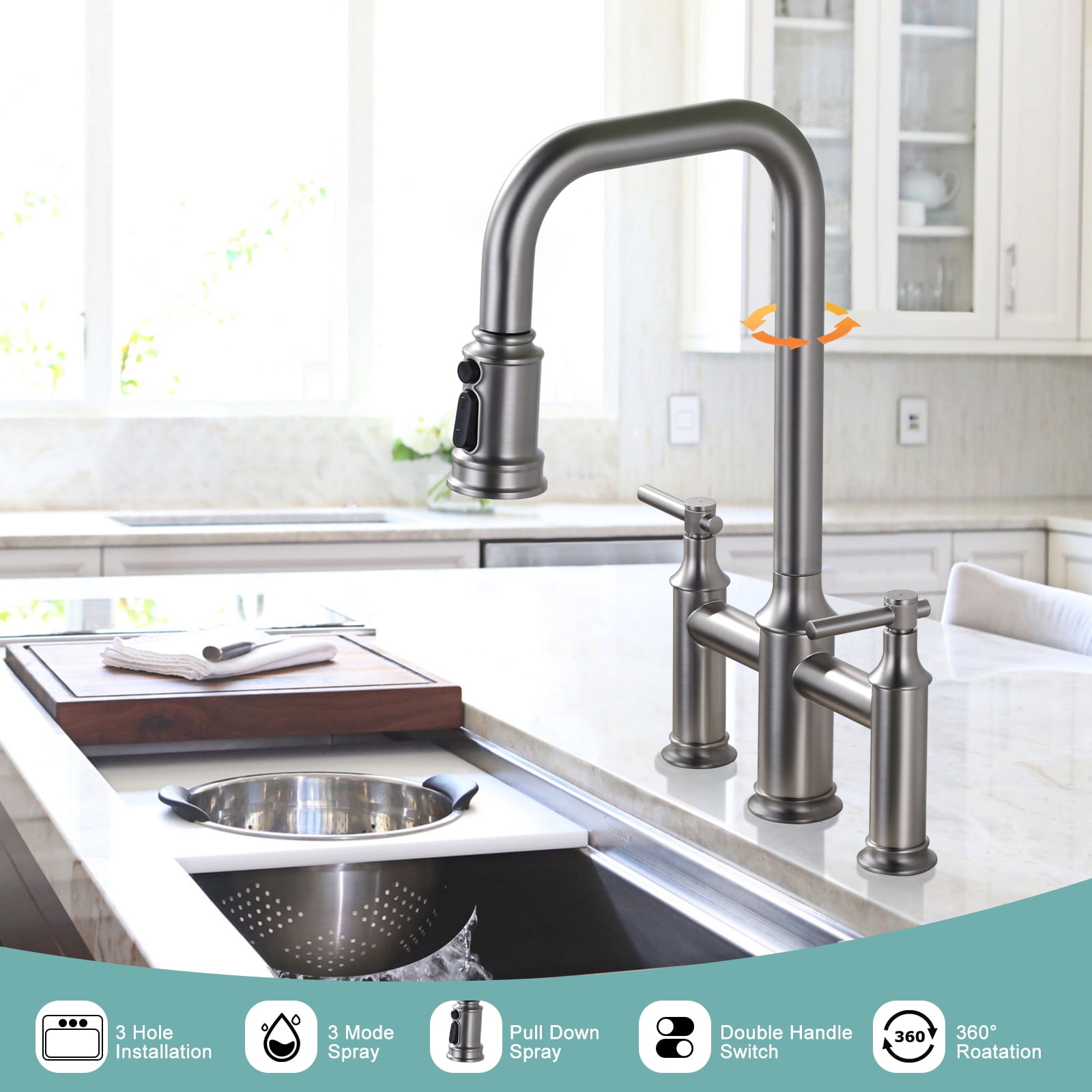 Double Handle Bridge Kitchen Faucet with Advanced Spray in Brushed Nickel