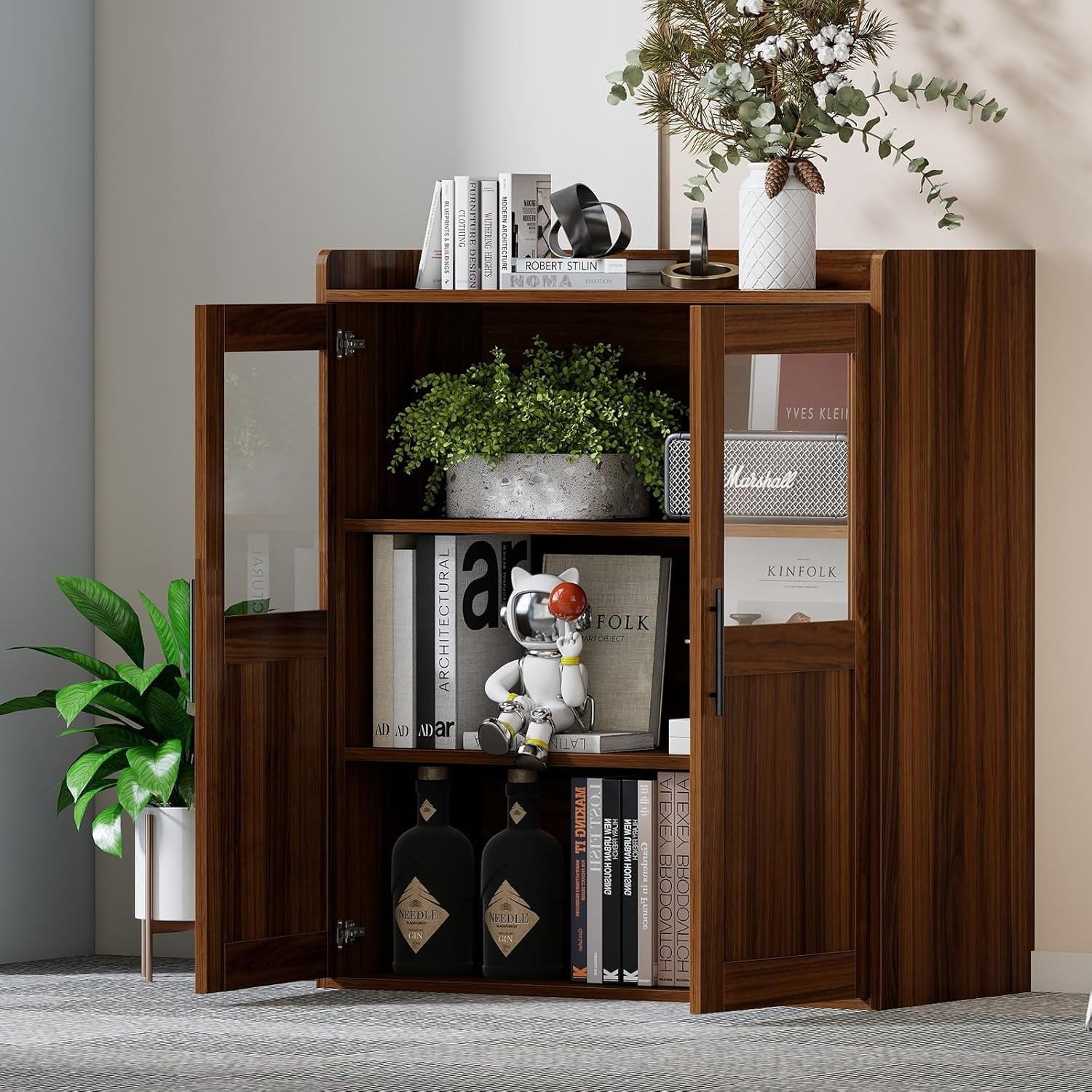 Ebello File & Storage Cabinet with Doors and Adjustable Shelves, Multipurpose Office Credenza for Home or Office, Walnut