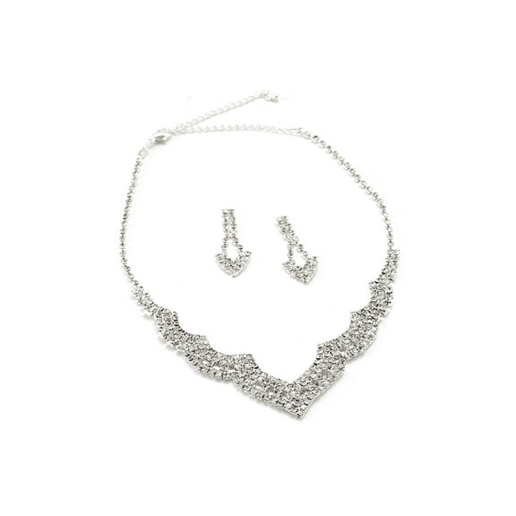 Silver Crystal Rhinestone Bridal Wedding Party Arrow Shaped Dangle Earrings & Wavy V Shaped Necklace Jewelry Set