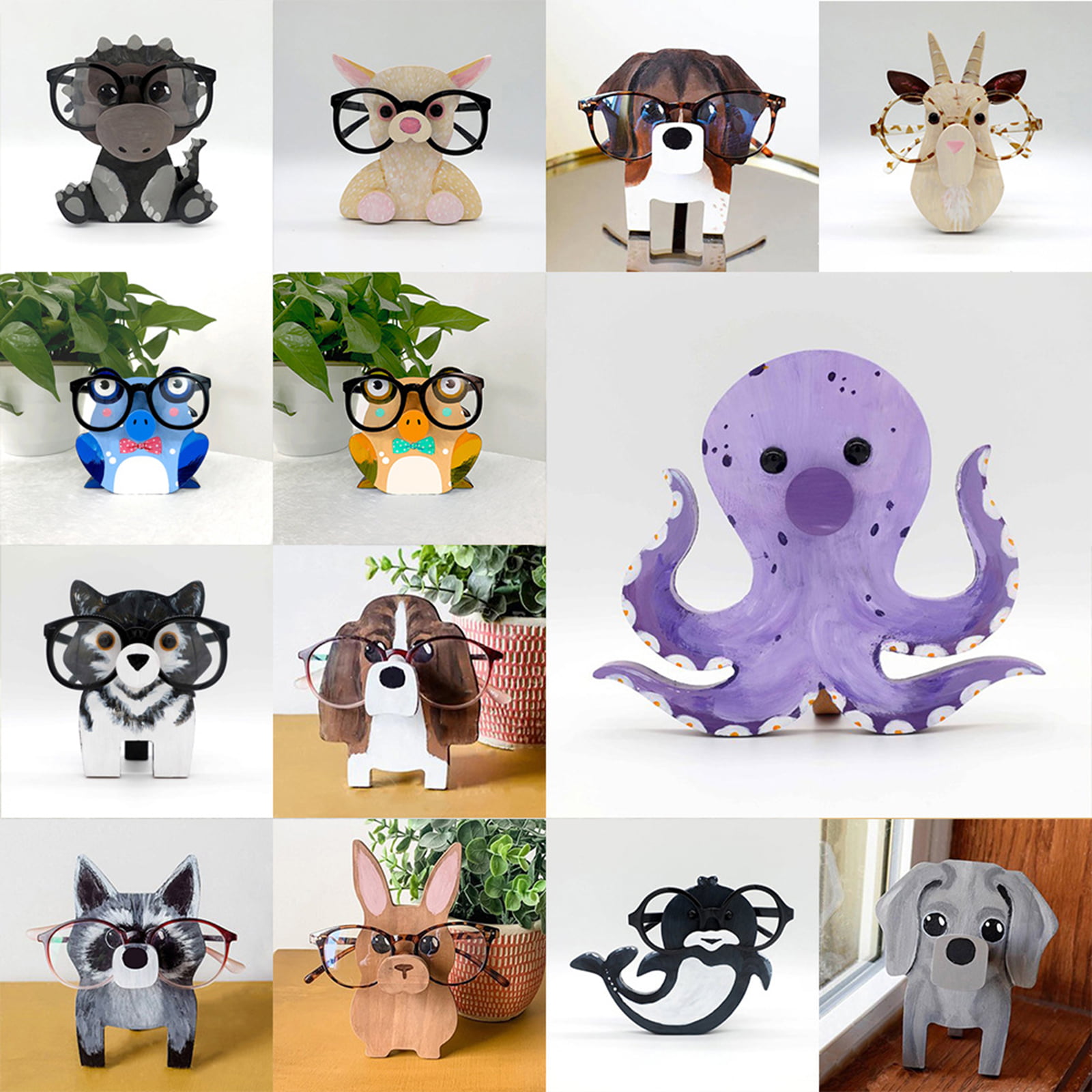 YGAOR Glasses Holder Stand Animal Wooden Eyeglass Holder Stand Cute Animal  Pet Glasses Stand Holder Cat Handmade Wood Animal Shape Eye Glass Holder